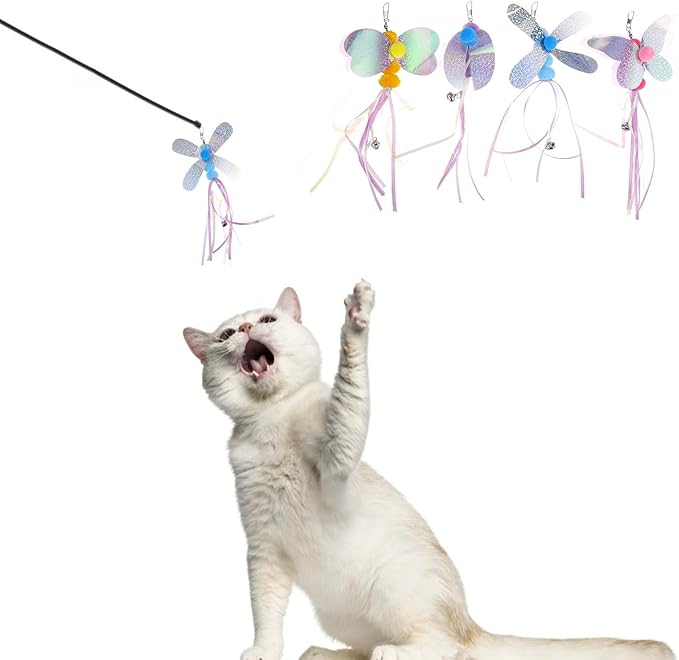 balacoo Cat Teaser Wand Accessories Set 4 Pcs Interactive Cat Stick Toys with Bell Feather for Indoor Play and Exercise 3.93X0.78X7.08 Inches