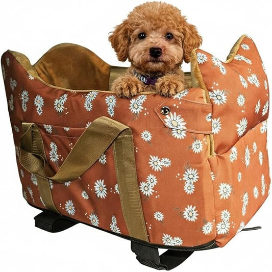 Cullaby Center Console Small Dog Car Seat Portable Puppy Booster Armrest Carseat, Anti-Collapse Comfort Car Travel with Washable Fluffy Cushion and Pillow (Coffee Color, Extar Small armrest lid)