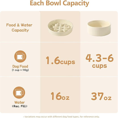 Ceramic Raised Slow Feeder Dog Bowl Set, Elevated 7.3inch Bowl and 8.2inch Slow Pet Food Dish with Wooden Stand for Medium and Large Dog (2 xLight Yellow+ Stand)