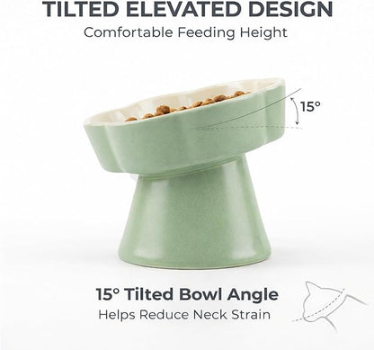 Ceramic Elevated Slow Feeder Cat Bowl, Raised and Gently Tilted Feeding Dish with Maze Design, Whisker-Friendly, Easy to Clean, for Indoor Cats and Small Dogs (Green/Ivory)