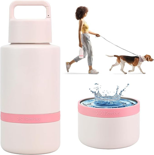 KEWIXY Insulated Dog Water Bottle with Travel Bowl, Dog Lover Gift, Portable Water Bottle Dispenser, Accessories for Car, Hiking, Camping, Outdoor, Leak-Proof, Detachable (Pale Pink)