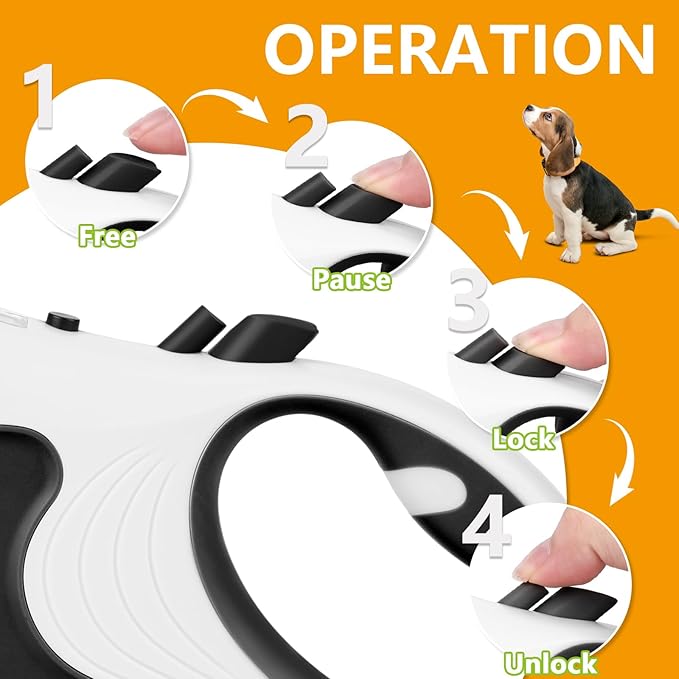Retractable Dog Leash with Flashlight, 16ft Dog Walking Leash for Dogs up to 77lbs, 360° Tangle-Free Nylonup Leash, Anti-Slip Handle -White