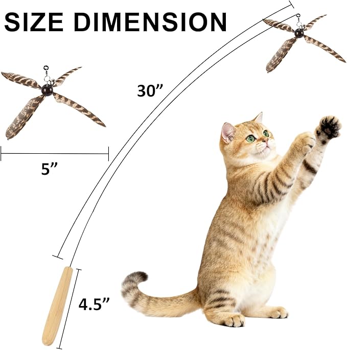 Cat Wand Toys Interactive for Indoor Cats, 4PC 4-Blade Feather Propeller Refills, 1PC Cat Wand (Wild-Style Brown)