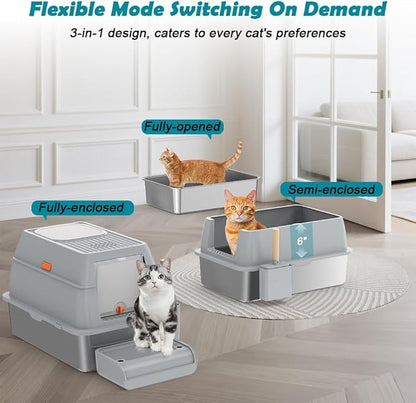 SZEE XL Stainless Steel Litter Box with Lid, Extra Large Metal Covered Litter Box, Stainless Box Easy Clean, Activated Charcoal Odor Control Design, Includes Litter Scoop & Mat & Step, Grey