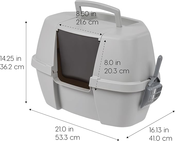 IRIS USA Corner Cat Litter Box - Enclosed Corner Litter Box with Scoop, Hooded Litter Tray for Corners, Space-Saving Covered Litter Box, Odor Defensive, Gray