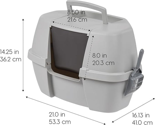 IRIS USA Corner Cat Litter Box - Enclosed Corner Litter Box with Scoop, Hooded Litter Tray for Corners, Space-Saving Covered Litter Box, Odor Defensive, Gray