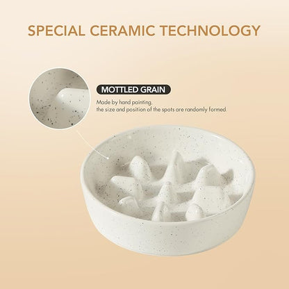 Ceramic 1.2 Cup Dog Bowl Slow Feeder, 7.3 inch Slow Pet Food Dish for Medium and Small Dog, Stop Bloat, Preventing Choking(Single Bowl, Vanilla White)