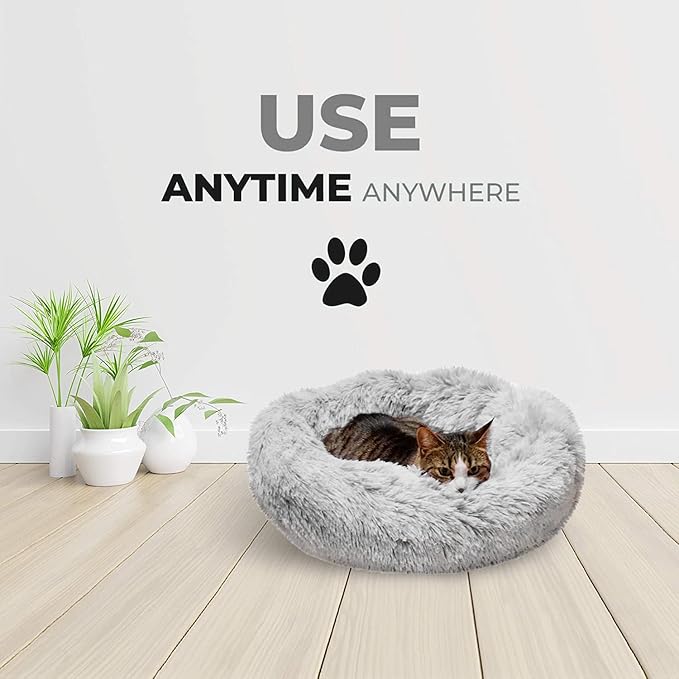 Whiskers & Friends Cat Bed, Cat Beds for Indoor Cats Washable, Orthopedic Soft Fluffy Round Calming Pet Bed for Small to Large Kitty Kittens & Small Dogs - Light Grey-C - 23.00" x 23.00" x 7.00"