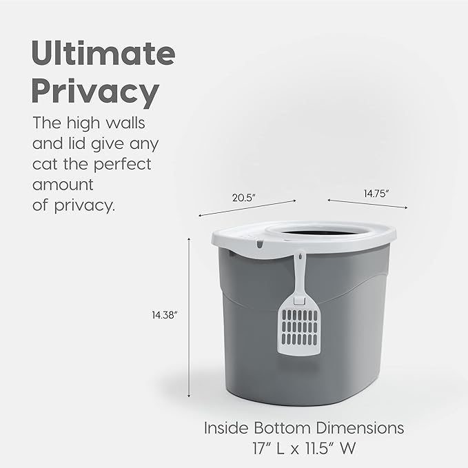 IRIS USA Large Top Entry Cat Litter Box with Lid Enclosed Covered Hooded Design Litter Catching Scatter Shield Pan Dog Proof Pet Proof Scoop Included Odor Control for Indoor Cats Kittens Gray/White