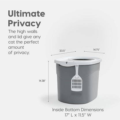 IRIS USA Large Top Entry Cat Litter Box with Lid Enclosed Covered Hooded Design Litter Catching Scatter Shield Pan Dog Proof Pet Proof Scoop Included Odor Control for Indoor Cats Kittens Gray/White