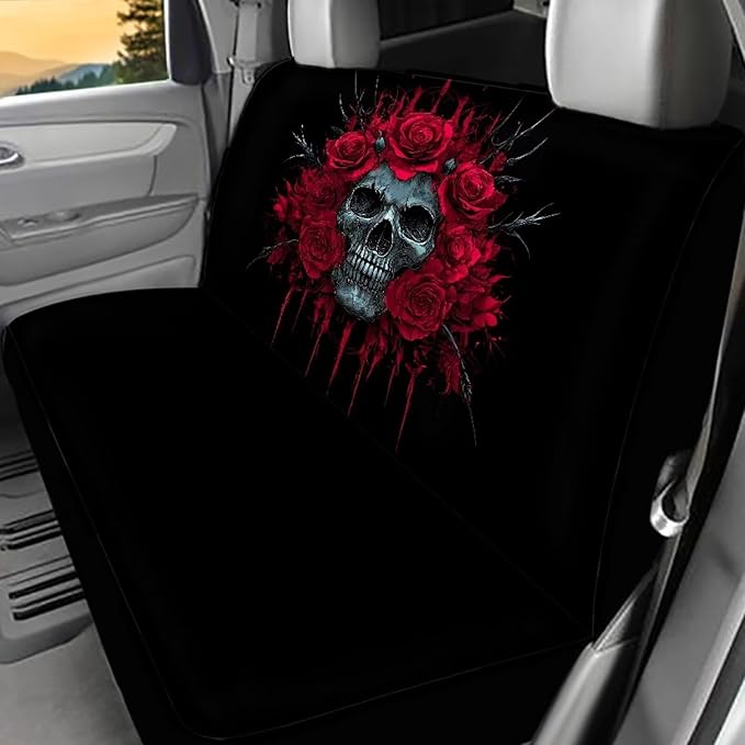 AFPANQZ Rose Skull Car Seat Cover Rear Seats Only High Stretchy Washable Bucket Seat Cushion Protector Backseats Covers for Girls Women, Fit Most Cars, Sedan, SUV