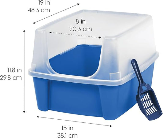 IRIS USA Large Open Top Cat Litter Box with High Sided Walls Tall Scatter Shield Scoop Included Easy Clean Plastic Pan Stain Resistant for Big Cats Kittens Indoor Multi-Cat Households