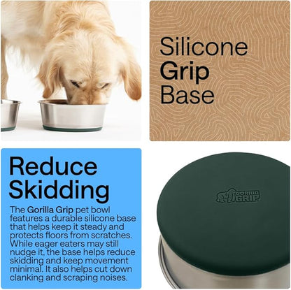 GORILLA GRIP Dog Bowls, Food Grade 304 Stainless Steel, Holds 2 Cups Each (16 fl oz) Food and Water Bowl for Feeding Dogs and Cats, Dishwasher Safe, Rust Resistant, BPA Free Rubber Base Set of 2 Green
