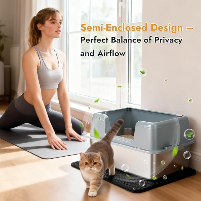 Vivifying Stainless Steel Cat Litter Box, Large Semi-Enclosed Litter Box with Lid and Mat, Anti-Leakage Metal Pan for Easy Cleaning & Odor Control (Gray)