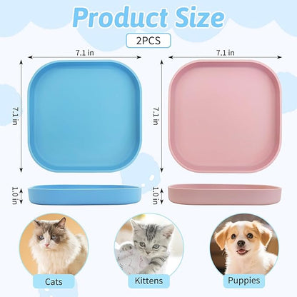 Fhiny 2PCS Silicone Cat Bowls Set 7.1 x 7.1 in Shallow Dog Dish Whisker Friendly Cat Food Plate for Dry & Wet Food Dishwasher Safe Non-Slip Pet Feeding Bowls for Kittens and Puppies (Pink+Blue)