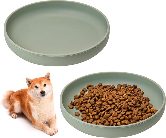 BNOSDM Silicone Dog Bowl Non-Slip Cat Food Plate 2 Pcs Flat Dog Bowls with Suction Cup Shallow Puppy Food and Water Dish for Small and Medium Pets (Gray Green)