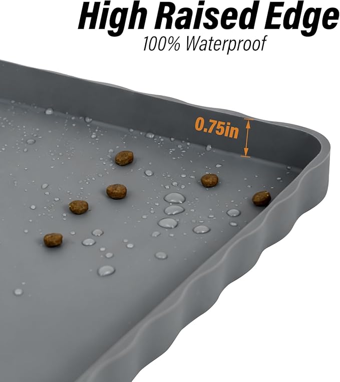 Dog Food Mat 20" x 15", Waterproof Silicone Pet Feeding Mat with Raised Edge & Residue Pocket, Non-Slip Bowl Mat for Dog Cat Food and Water, Easy to Clean Floor Protector