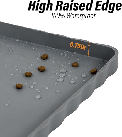 Dog Food Mat 20" x 15", Waterproof Silicone Pet Feeding Mat with Raised Edge & Residue Pocket, Non-Slip Bowl Mat for Dog Cat Food and Water, Easy to Clean Floor Protector