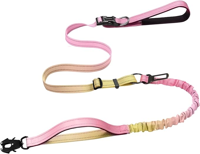 Heavy Duty Hands Free Dog Leash with Quick Release Carabiner and Adjustable No Pull Bungee Dog Running Waist Leash，for Walking and Training with Car Seat Belt 4-6FT (Pinkish Yellow)