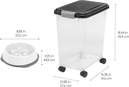 IRIS USA Airtight Dog Food Storage Container with 2-Cup Scoop and Slow Feeder Bowl Combo, Up to 30 lbs Pet Food Bin with Attachable Wheels, Anti-Slip Short Snouted Bowl, Easy to Clean, BPA Free, Black