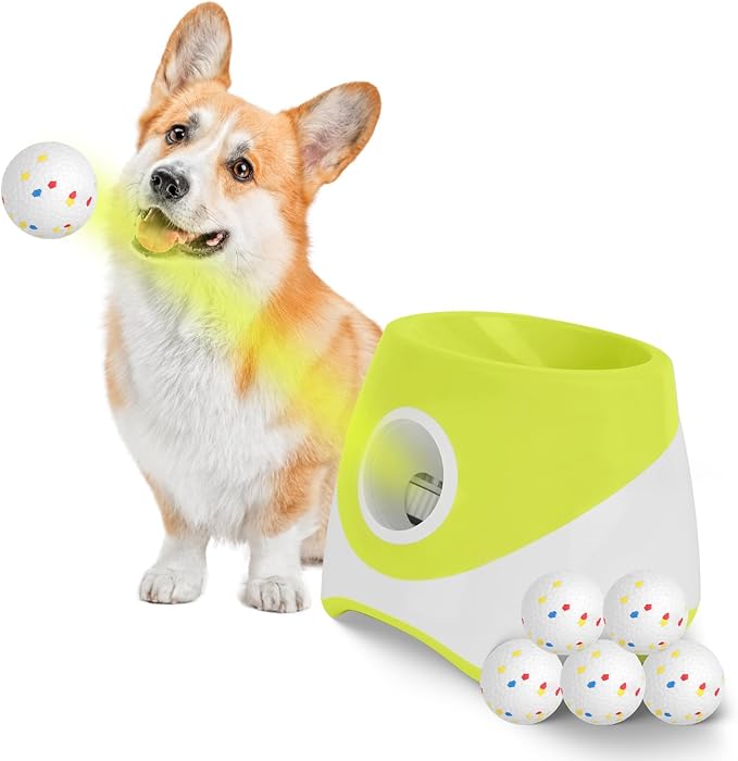 Automatic Dog Ball Launcher with 6 Balls, Interactive Pet Fetch Machine with Adjustable Throw Distance(20/33/46ft) for Small Medium Dogs