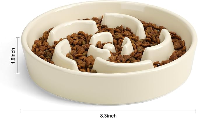 Slow Feeder Dog Bowl, Ceramic 8.3 inch Dog Food Bowls for Small, Medium, and Large Breed, Anti-Slip Maze Puzzle Food Dish to Slow Down Eating (White, 8.3 inch)