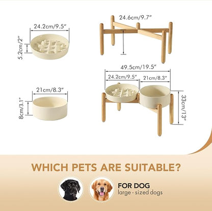 Ceramic 3.2 Cup Raised Slow Feeder Dog Bowl Set, Elevated 8.2inch Bowl and 9.5inch Slow Pet Food Dish with Wooden Stand for Large Dog (2 xLight Yellow+ Stand)