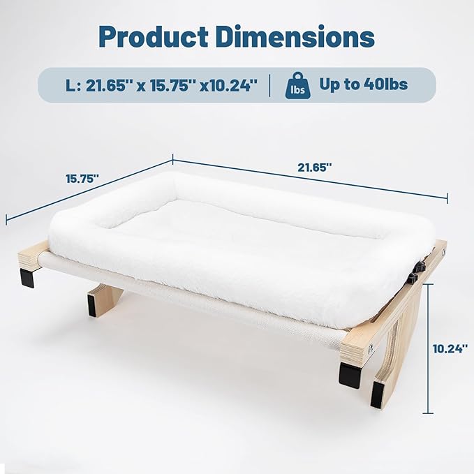 Cat Sill Window Perch - 100% Natural Pine Frame, Soft Rabbit Fur Cushion, Tool-Free Adjustment, Supports 50 lbs (Large-White)