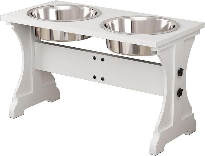 Piskyet Modern Farmhouse Dog Bowls Stand, Elevated Dog Bowls with 2 Stainless Steel Wooden Bowls, 80 oz Bowl-White