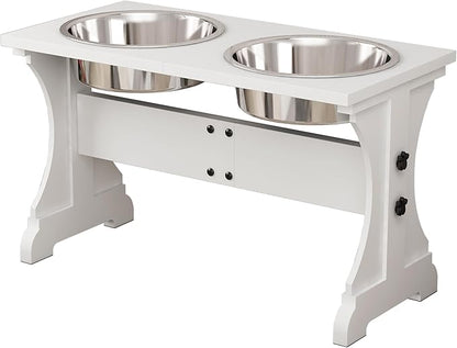 Piskyet Modern Farmhouse Dog Bowls Stand, Elevated Dog Bowls with 2 Stainless Steel Wooden Bowls, 80 oz Bowl-White