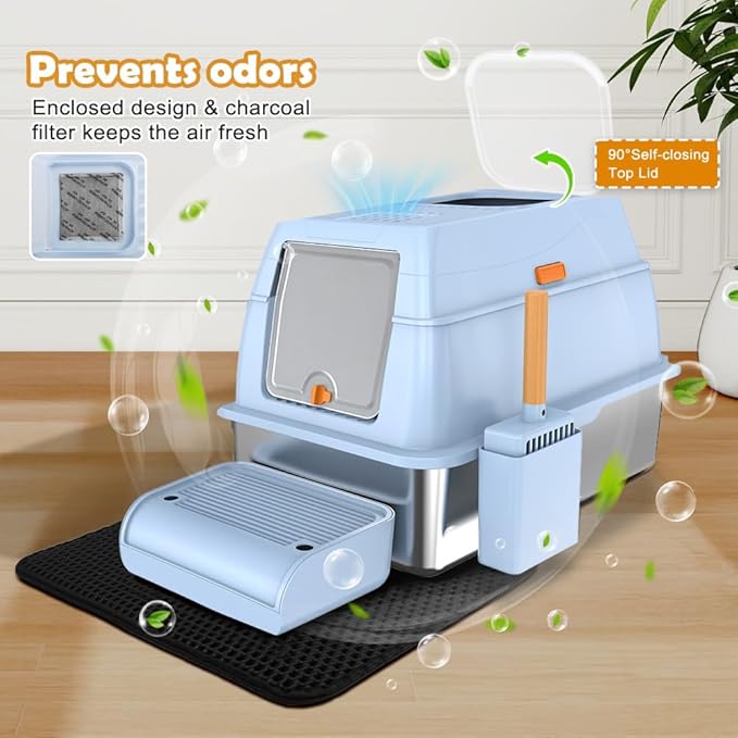 Vivifying Stainless Steel Litter Box with Lid, XL Front Entry Enclosed Extra Large Litter Box for Big Cats & Kitty, Top Exit Metal Cat Pan with Scoop, Mat, Step, Charcoal Filter (Blue)