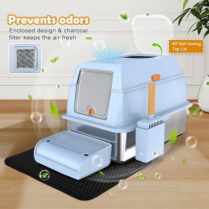 Vivifying Stainless Steel Litter Box with Lid, XL Front Entry Enclosed Extra Large Litter Box for Big Cats & Kitty, Top Exit Metal Cat Pan with Scoop, Mat, Step, Charcoal Filter (Blue)