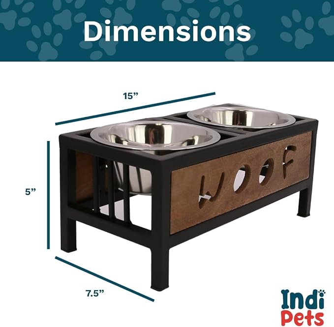 Indipets WOOF Design Wooden and Iron Stand with Stainless-Steel Bowls, Elevated Dog Feeder Bowls with Stand, Raised Bowls for pet (Medium)