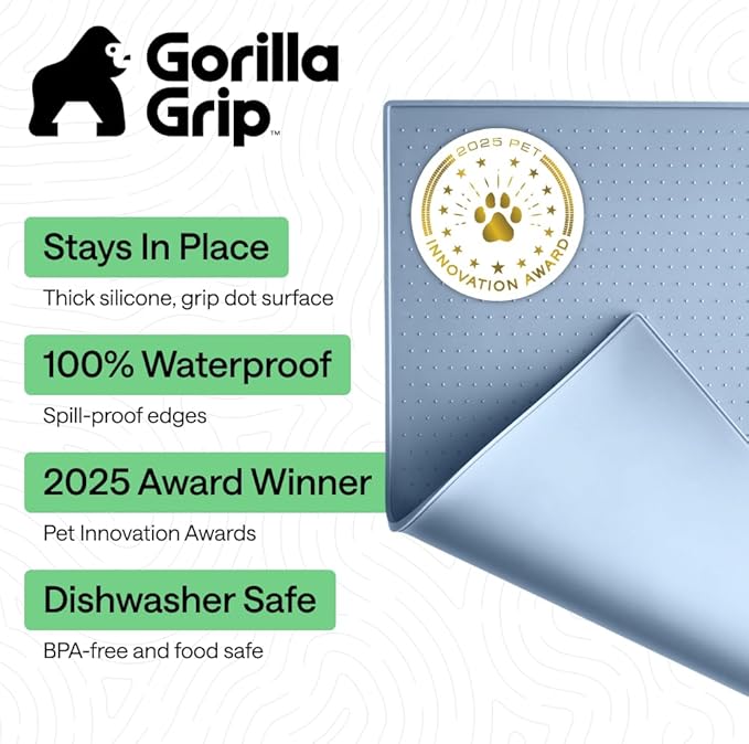 GORILLA GRIP 100% Waterproof Raised Edge BPA Free Silicone Pet Feeding Mat, Dog Cat Food Mats Contain Spills Protects Floors, Placemats for Cats and Dogs Water Bowl, Pets Accessories 18.5x11.5 Blue