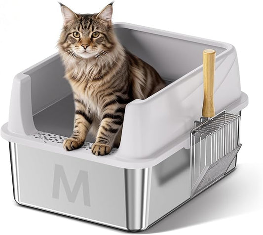 Stainless Steel Litter Box with Lid: Metal Cat Litter Box for Small Cats with Scoop, High Sided Kitty Litter Pan Tray, 17.4'' x 13.5'' x 8.5'',Non-Stick, Anti-Leakage, Easy Cleaning (Light Gray)