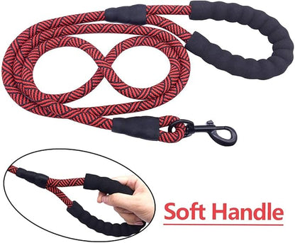 MayPaw Heavy Duty Rope Dog Leash, 3/4/5/6/7/8/10/12/15 FT Nylon Pet Leash, Soft Padded Handle Thick Lead Leashes for Large Medium Dogs (red Black, 1/2" * 10')