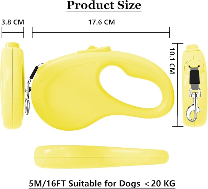 Retractable Dog Leash, 16Ft/5M Light Weight Retractable Leash for Small Medium Dogs/Cats Up to 50lbs, Strong Nylon Tape 360° Tangle-Free One-Hand Brake (Yellow)