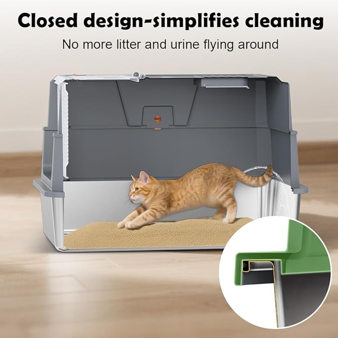 SZEE Stainless Steel Cat Litter Box with 180°Flip-Top Lid, Easy Clean XL Enclosed Litter Box, Large Covered Steel Cat Box with Scoop, Odor Control and Anti-Urine Leakage, 23.2*15*15 Inch, Dark Gray