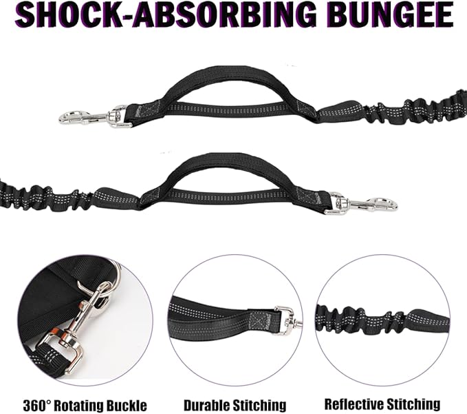 Hands Free Dog Leash for 2 Dogs, Adjustable Waist Belt, Reflective Stitching Leash with Double Padded Handles for Running, Hiking