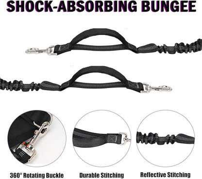 Hands Free Dog Leash for 2 Dogs, Adjustable Waist Belt, Reflective Stitching Leash with Double Padded Handles for Running, Hiking
