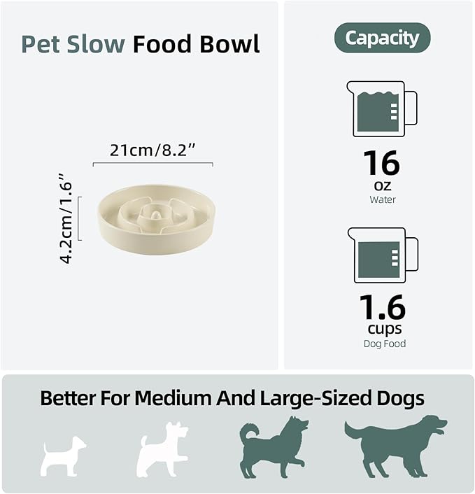 Ceramic 1.6 Cup Slow Feeder Dog Bowl for Medium and Large Breed, 8.2inch Puzzle Dog Food Dish, Anti-Gulping, Stop Bloat, Preventing Choking (Single Bowl-Light Yellow)