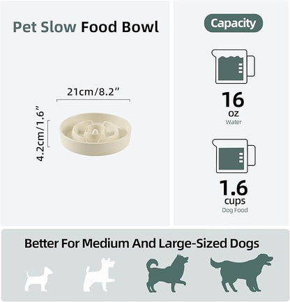 Ceramic 1.6 Cup Slow Feeder Dog Bowl for Medium and Large Breed, 8.2inch Puzzle Dog Food Dish, Anti-Gulping, Stop Bloat, Preventing Choking (Single Bowl-Light Yellow)