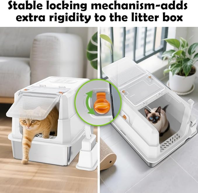 SZEE Stainless Steel Cat Litter Box with 180°Flip-Top Lid, Easy Clean XL Enclosed Litter Box, Large Covered Steel Cat Box with Scoop, Odor Control and Anti-Urine Leakage, 23.2 * 15 * 15 Inch, White