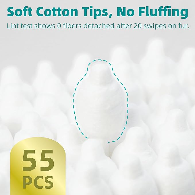 Pet Cotton Swabs, 55 Count｜Gourd-Shaped Tips｜Soft Cotton & Paper Stick｜Dog & Cat Ear Cleaner Swabs｜Safe Grooming Tool for Pets