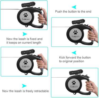 SCENEREAL Heavy Duty Retractable Dog Leash 26 FT with LED Flash Light & Poop Bag Dispenser for up to 110 LB Small Medium Large Dogs Outdoor Walking & Training