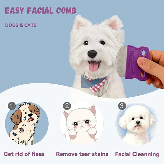 2 Pack Professional Pets Eye Combs,Pets Grooming Comb Kit,Stainless Steel Tear Stain Remover for Cats & Dogs,Flea Lice Comb,Gentle Curved Comb Teeth,Precisely Removes Stains (Pet comb set)