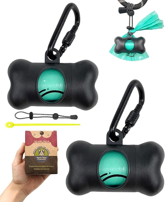 Dog Poop Pickup Bags Holder Dispenser with Standard-Sized Leak-Proof Scented Doggy Waste Bags and Carabiner with Safety Lock&Fastener Never Loose on Leash Lead Again (2 Holders 30 Bags, Black)