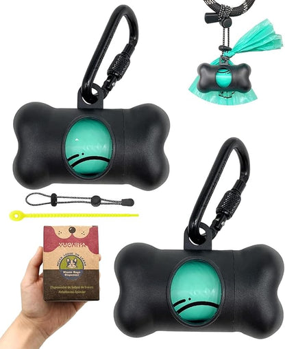 Dog Poop Pickup Bags Holder Dispenser with Standard-Sized Leak-Proof Scented Doggy Waste Bags and Carabiner with Safety Lock&Fastener Never Loose on Leash Lead Again (2 Holders 30 Bags, Black)