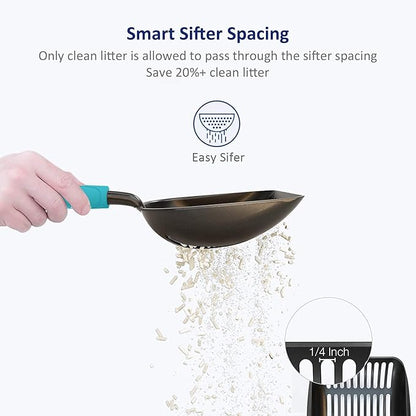 WePet Cat Litter Scoop, Non-Stick Plated Aluminum Alloy Sifter, Kitty Durable Metal Scooper, Deep Shovel, Long Handle, Kitten Pooper Lifter, Size Large, Coated Black Body with Turkish Blue Handle
