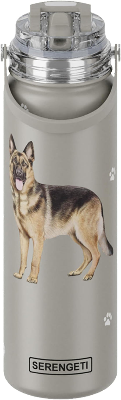 SERENGETI 24 Oz Water Bottle Stainless Steel with Spill Proof Lid - Double walled Vacuum Insulated water flask - Realistic 3D Print of your favorite dog (German Shepherd)